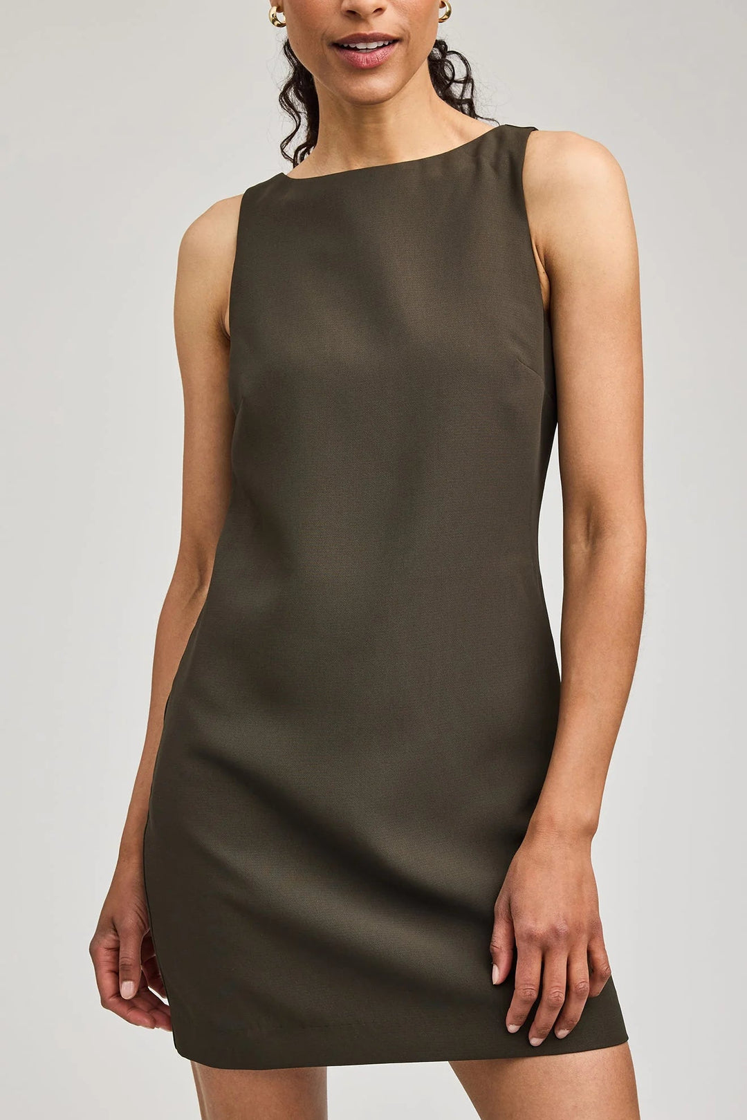 A-line mini dress in olive green featuring a boat neck and invisible zipper 