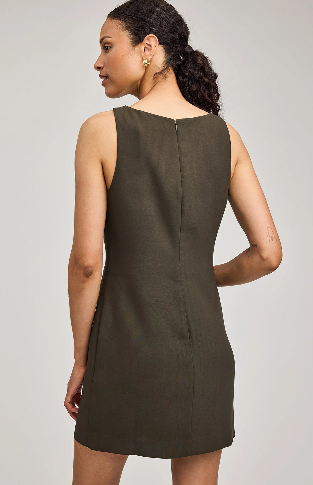 A-line mini dress in olive green featuring a boat neck and invisible zipper 
