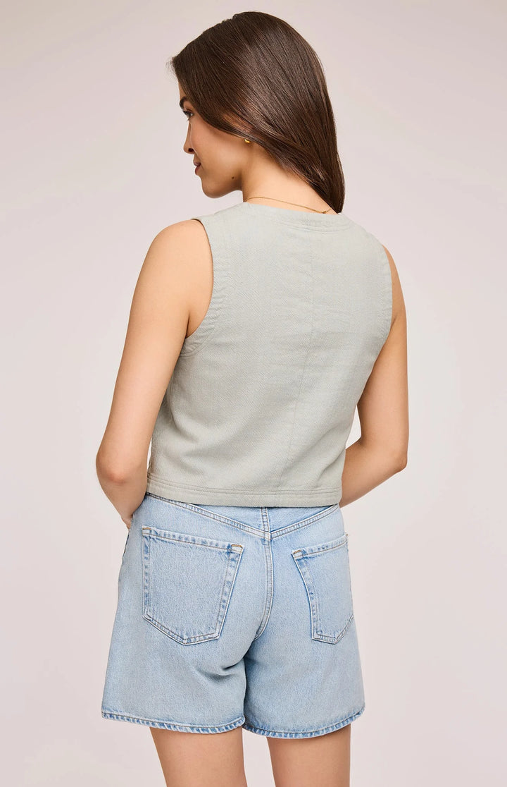women's vest with a v-neckline, button front in aloe green by gentle fawn