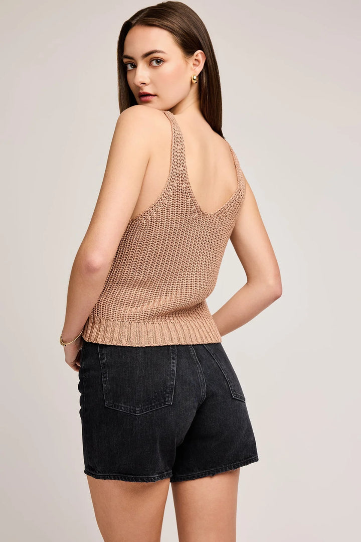 sweater tank featuring ribbed knit and scooped neckline in tan by gentle fawn