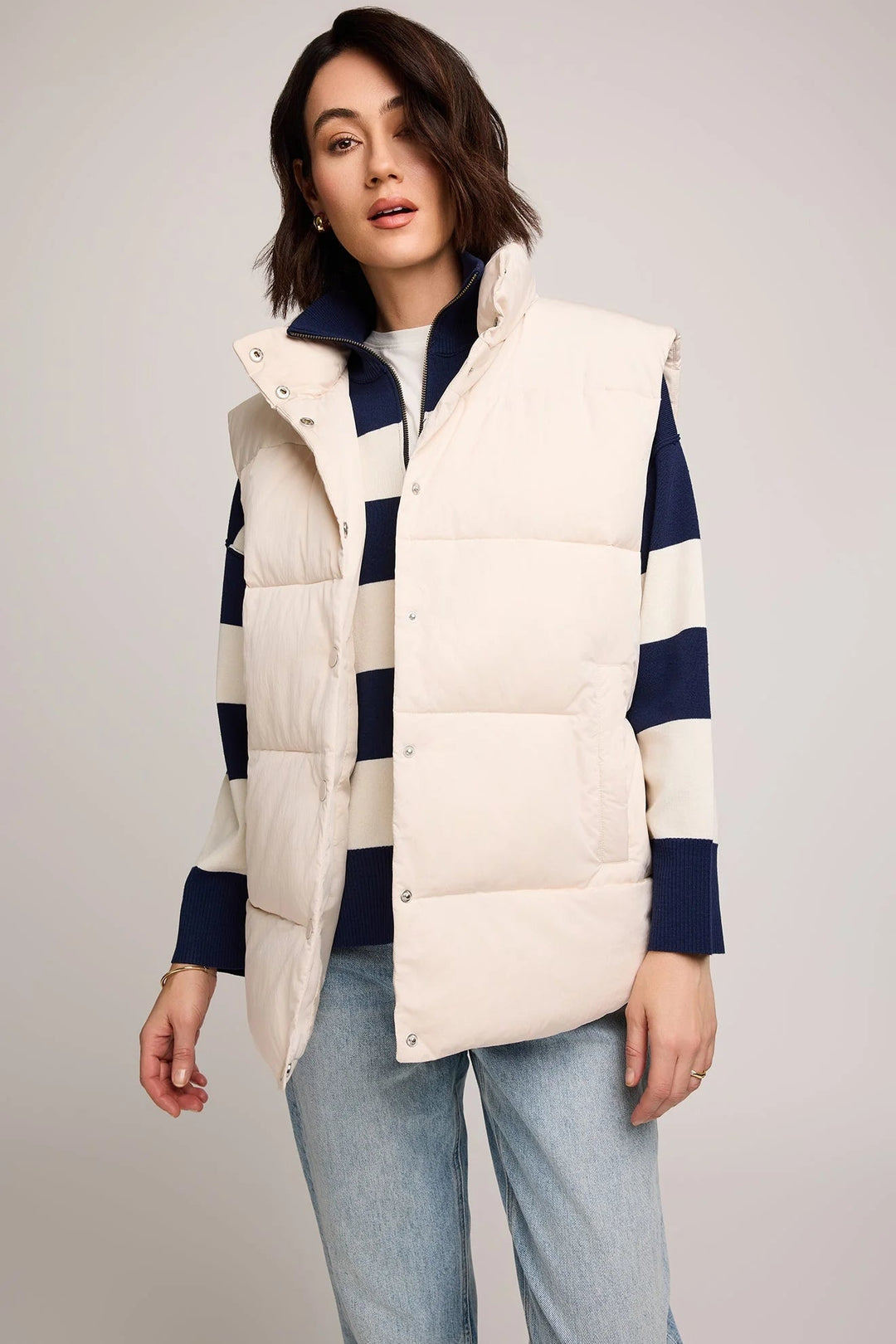 white button up puffer vest