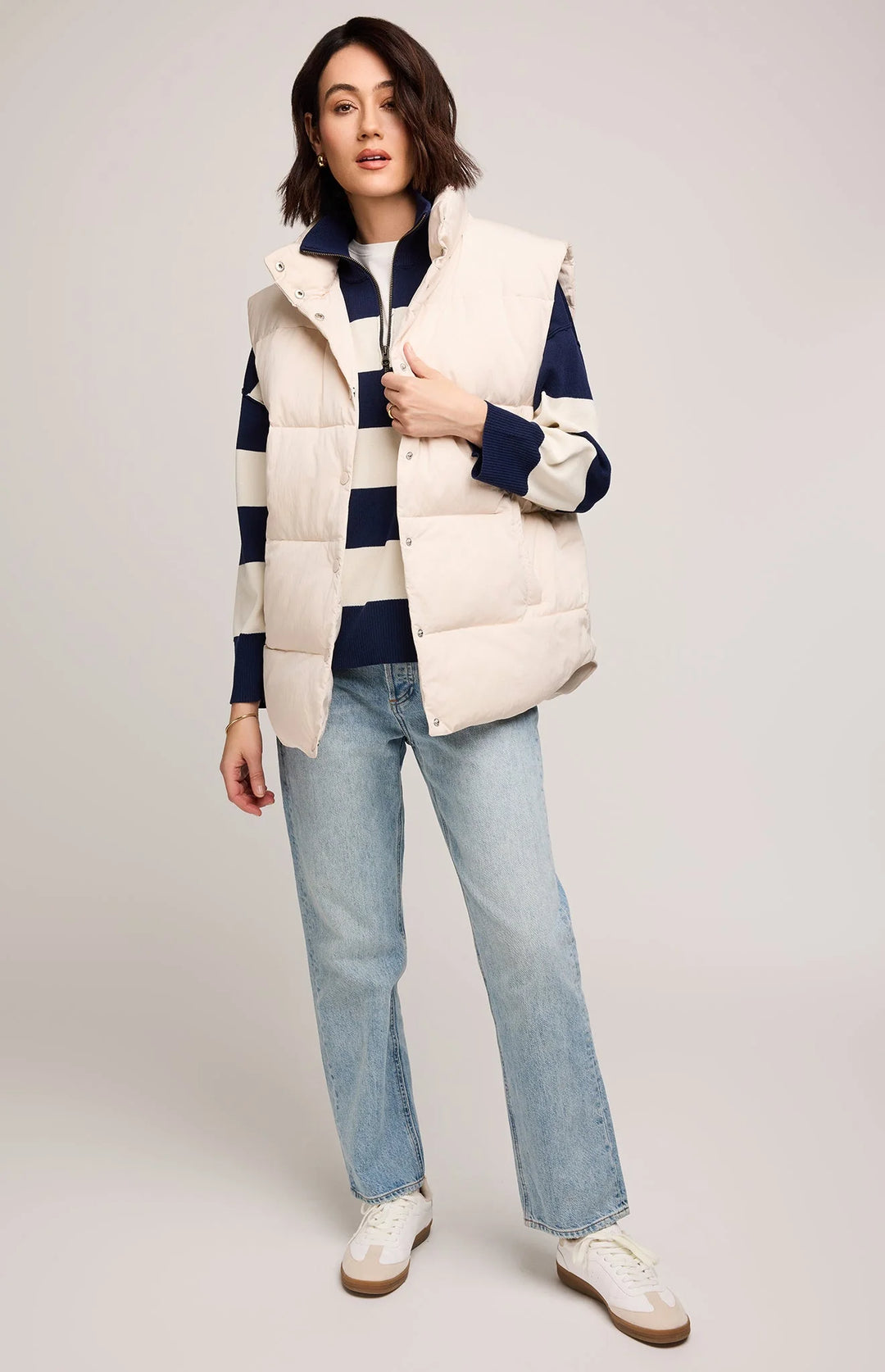 white button up puffer vest