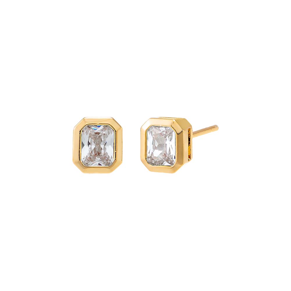 Gold stud earrings with rectangular gemstones on a white background