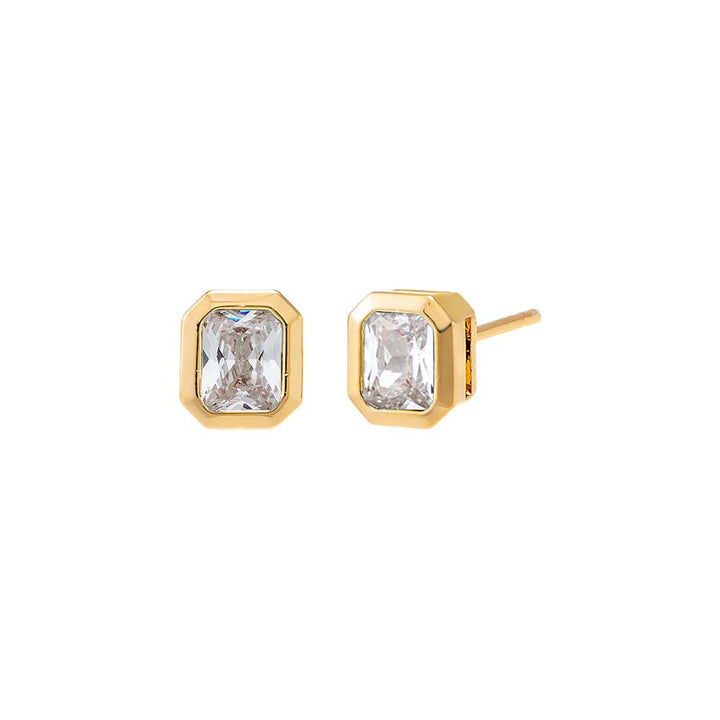 Gold stud earrings with rectangular gemstones on a white background
