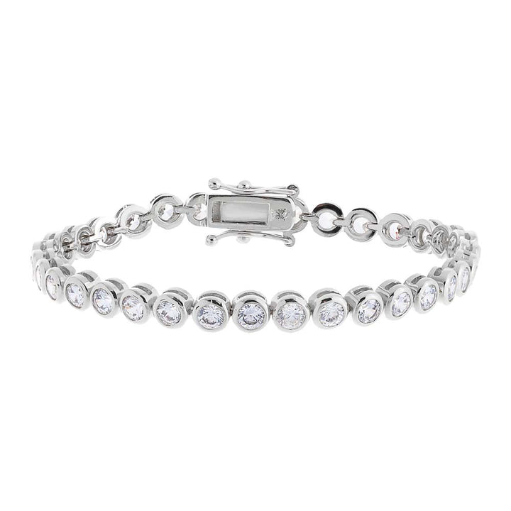 Silver bracelet with clear stones on a white background