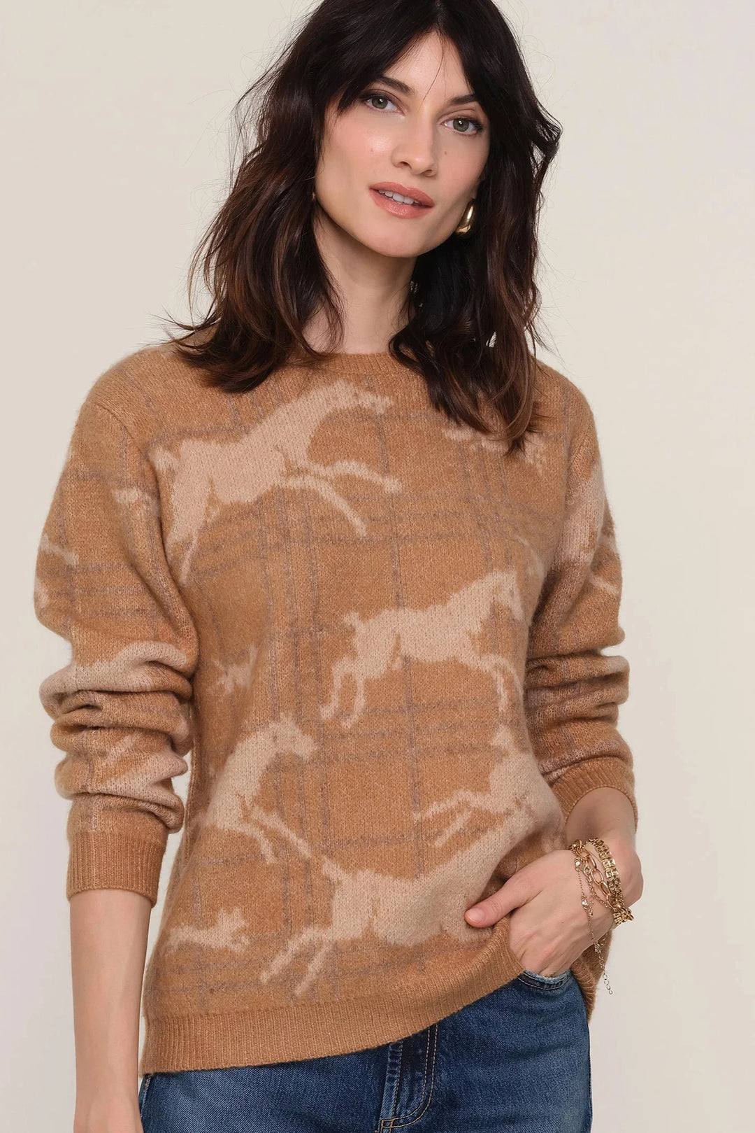 Neutral taupe crew neck sweater with horse pattern