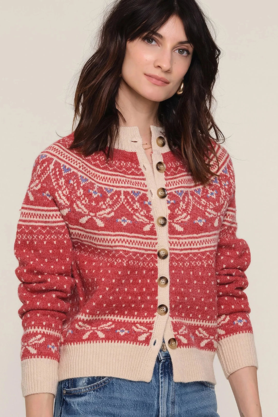Button up cardigan in red fair isle knit pattern