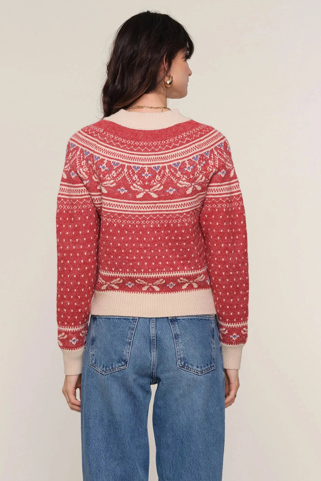 Button up cardigan in red fair isle knit pattern
