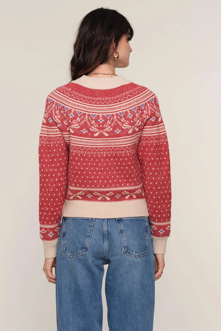 Button up cardigan in red fair isle knit pattern