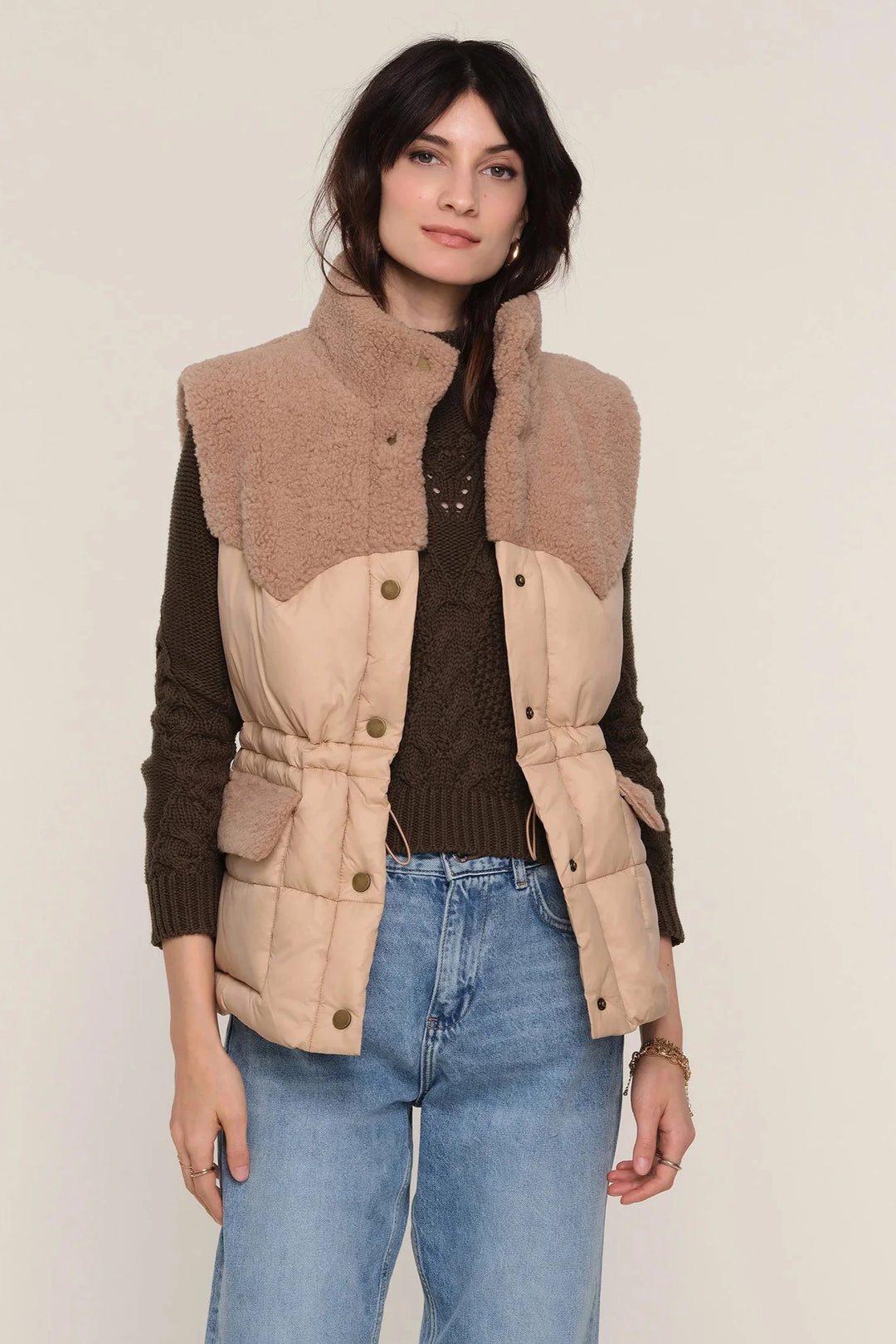 Button up vest in cream, top half sherpa bottom half quilted puffer fabric