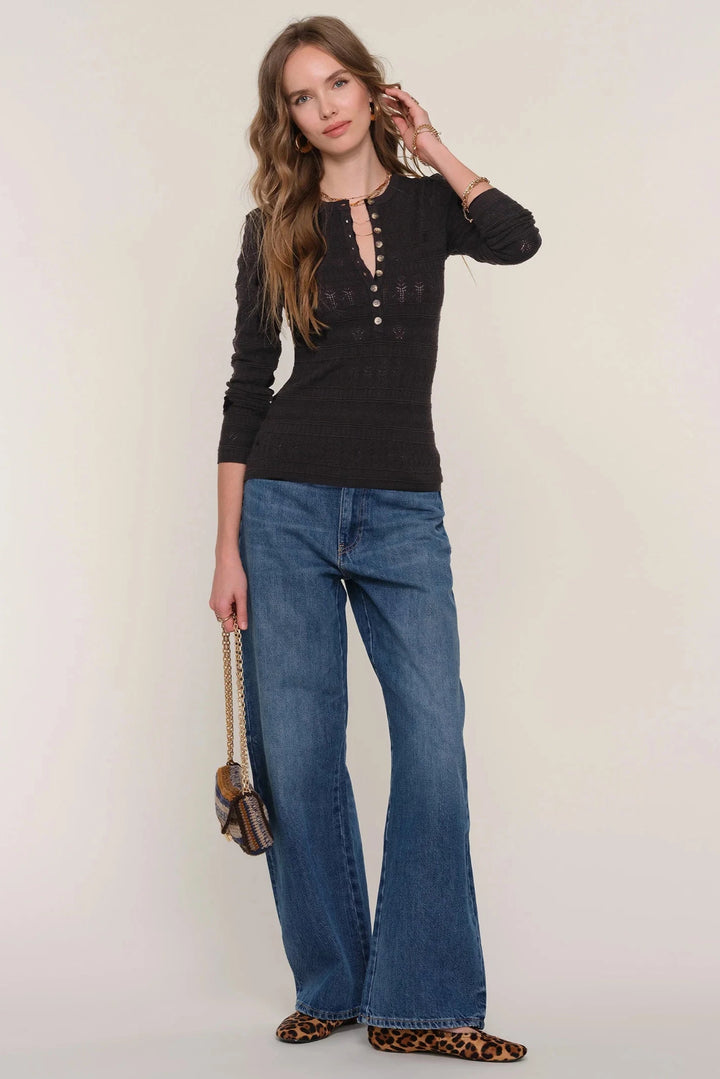 Long sleeve henley button up top in black pointelle