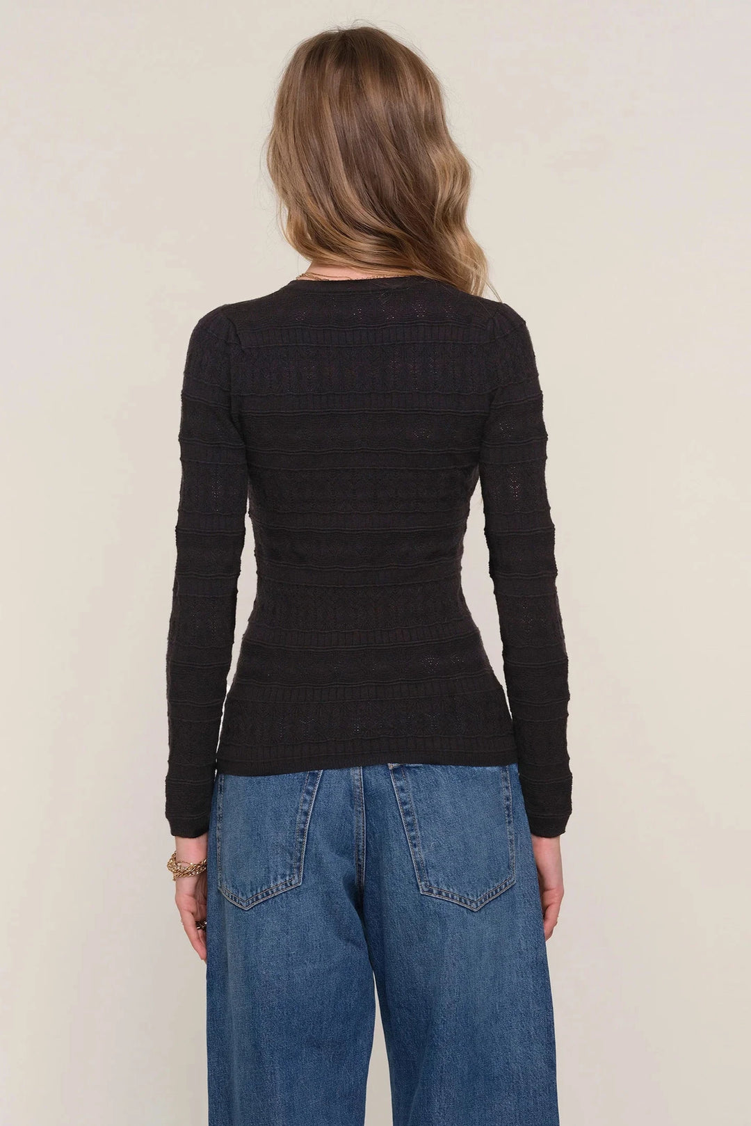 Long sleeve henley button up top in black pointelle