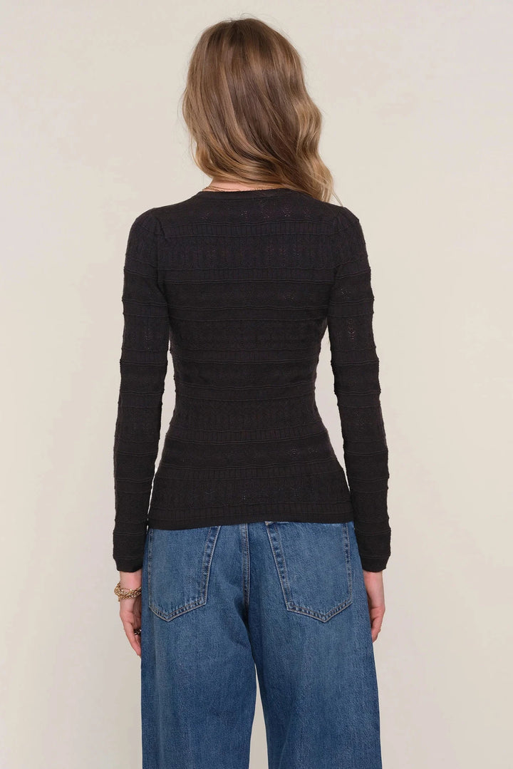 Long sleeve henley button up top in black pointelle