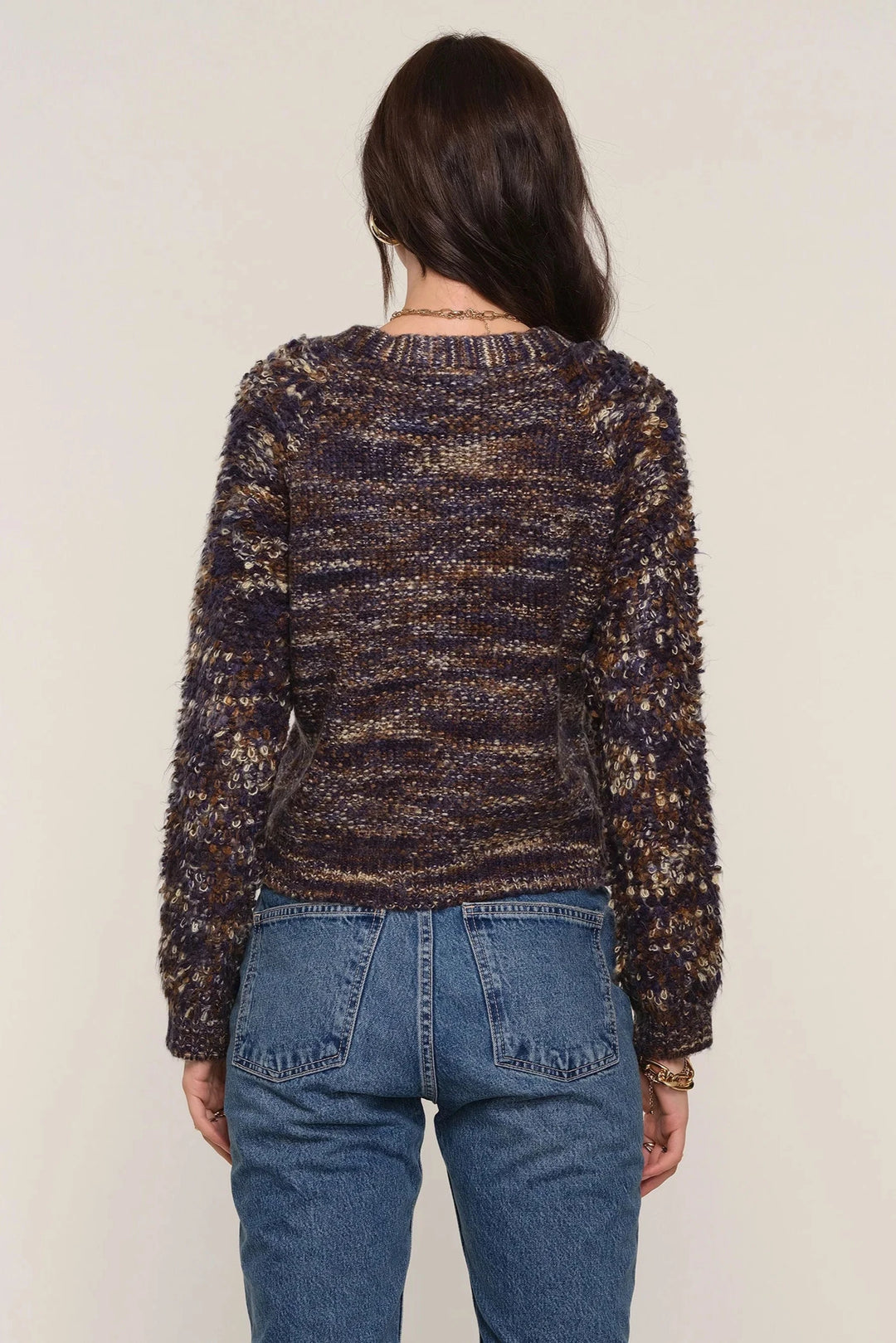 knit button up cardigan in blue grey pattern