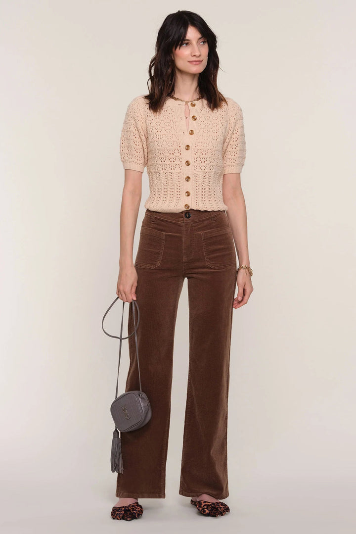 Brown corduroy straight leg pant with functioning front pocket