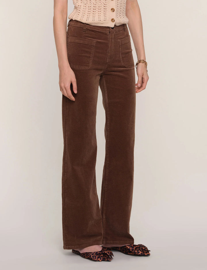Brown corduroy straight leg pant with functioning front pocket