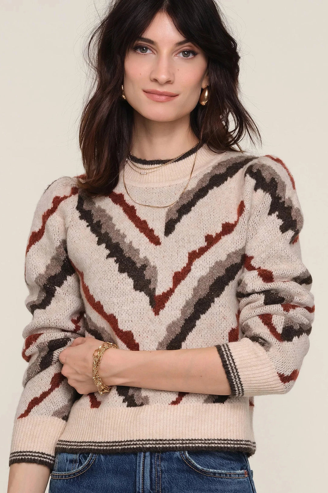 Cream crewneck sweater with dark grey Jacquard pattern
