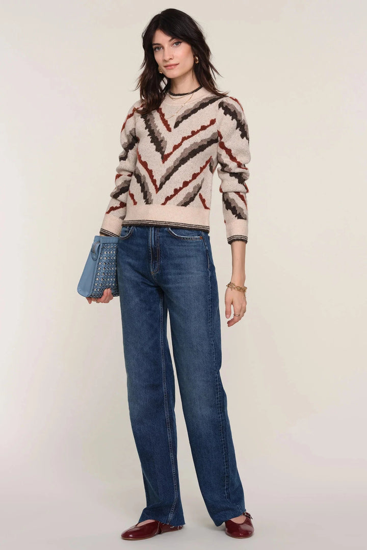 Cream crewneck sweater with dark grey Jacquard pattern
