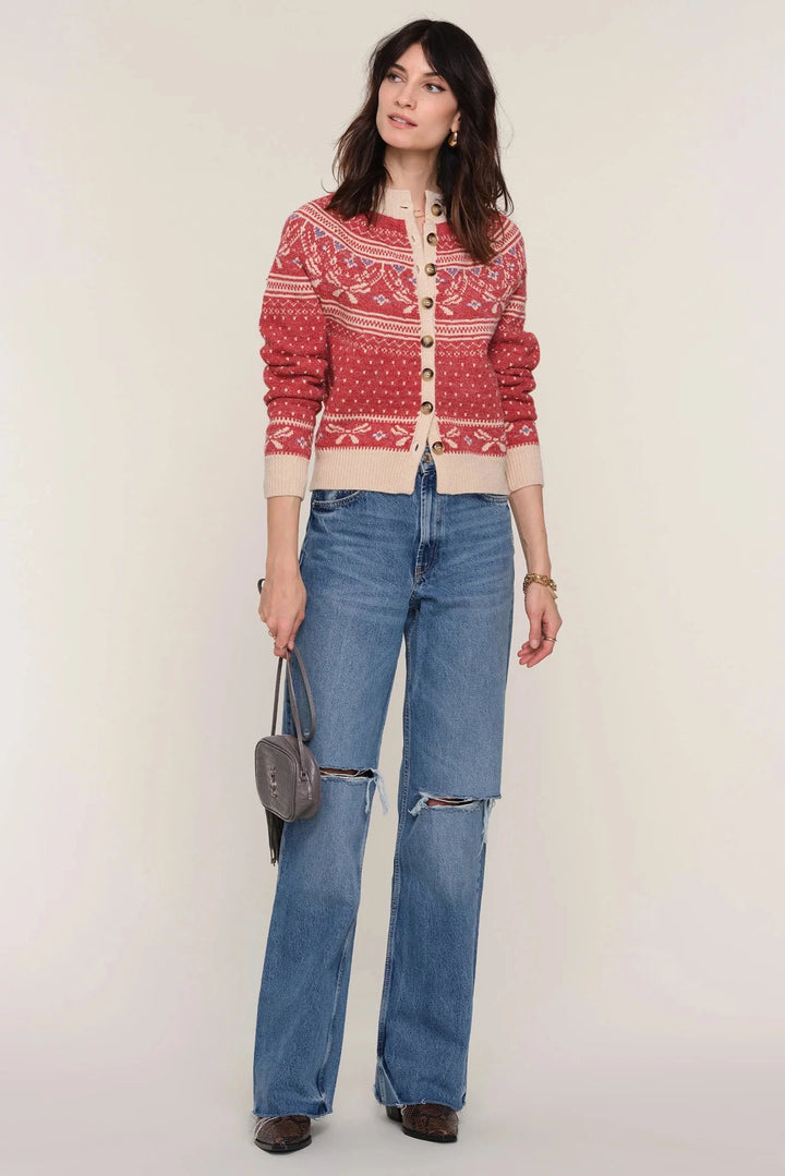 Button up cardigan in red fair isle knit pattern