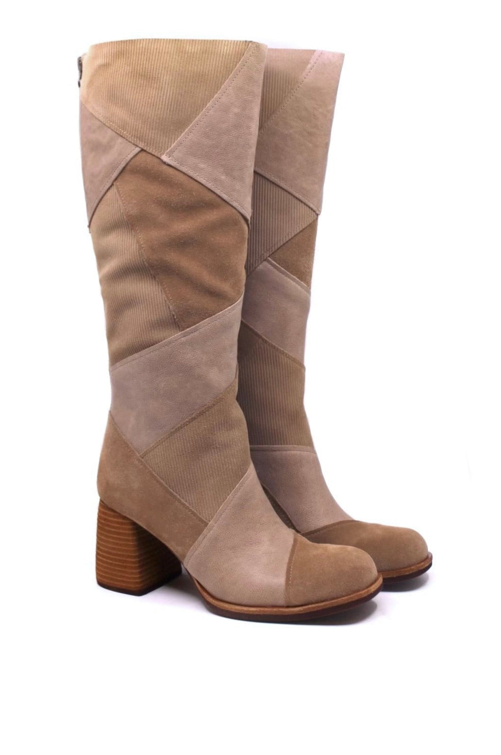 Kork-ease Asbee tall patchwork suede heeled boot in Taupe/Tan