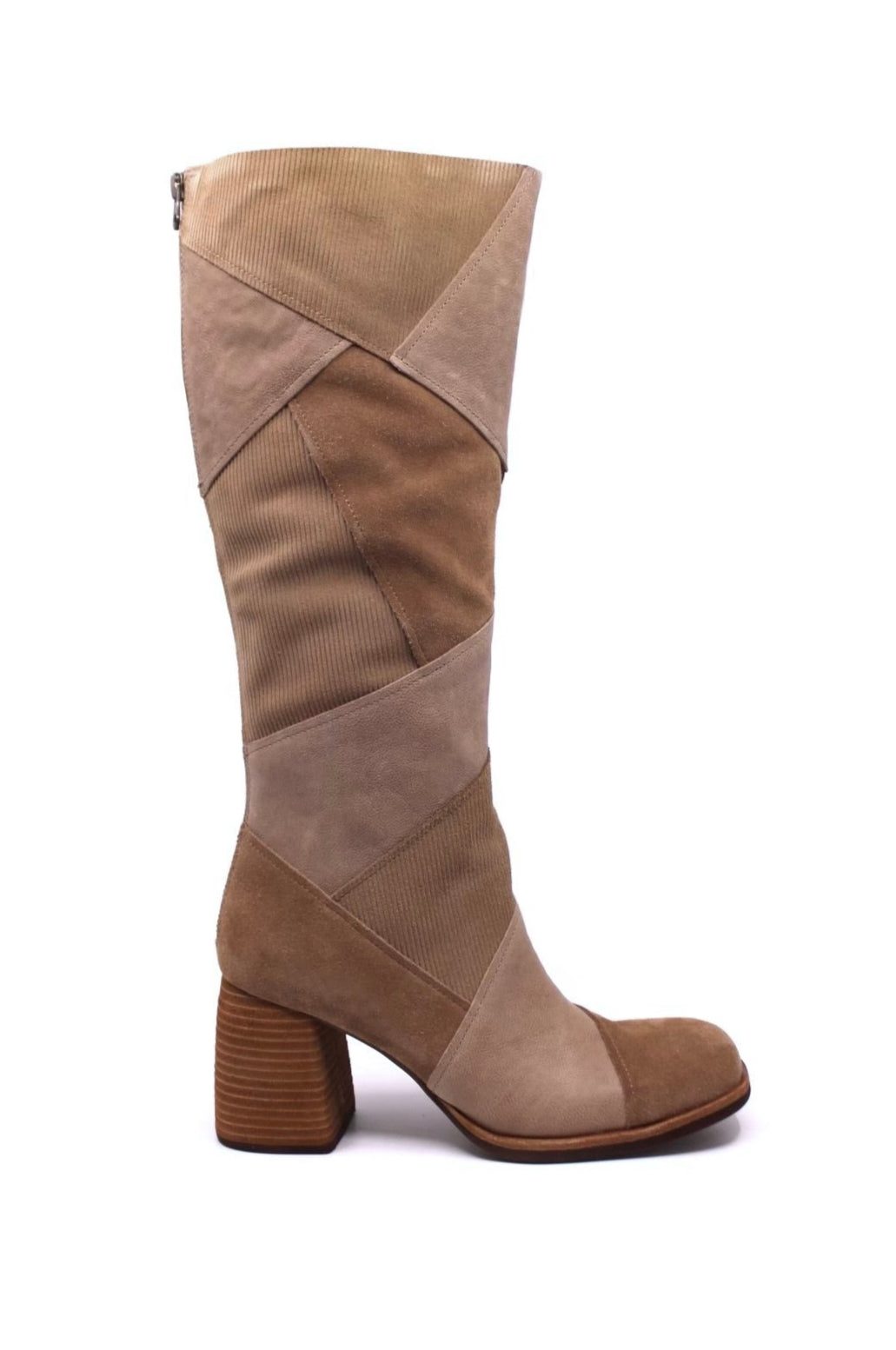 Kork-ease Asbee tall patchwork suede heeled boot in Taupe/Tan