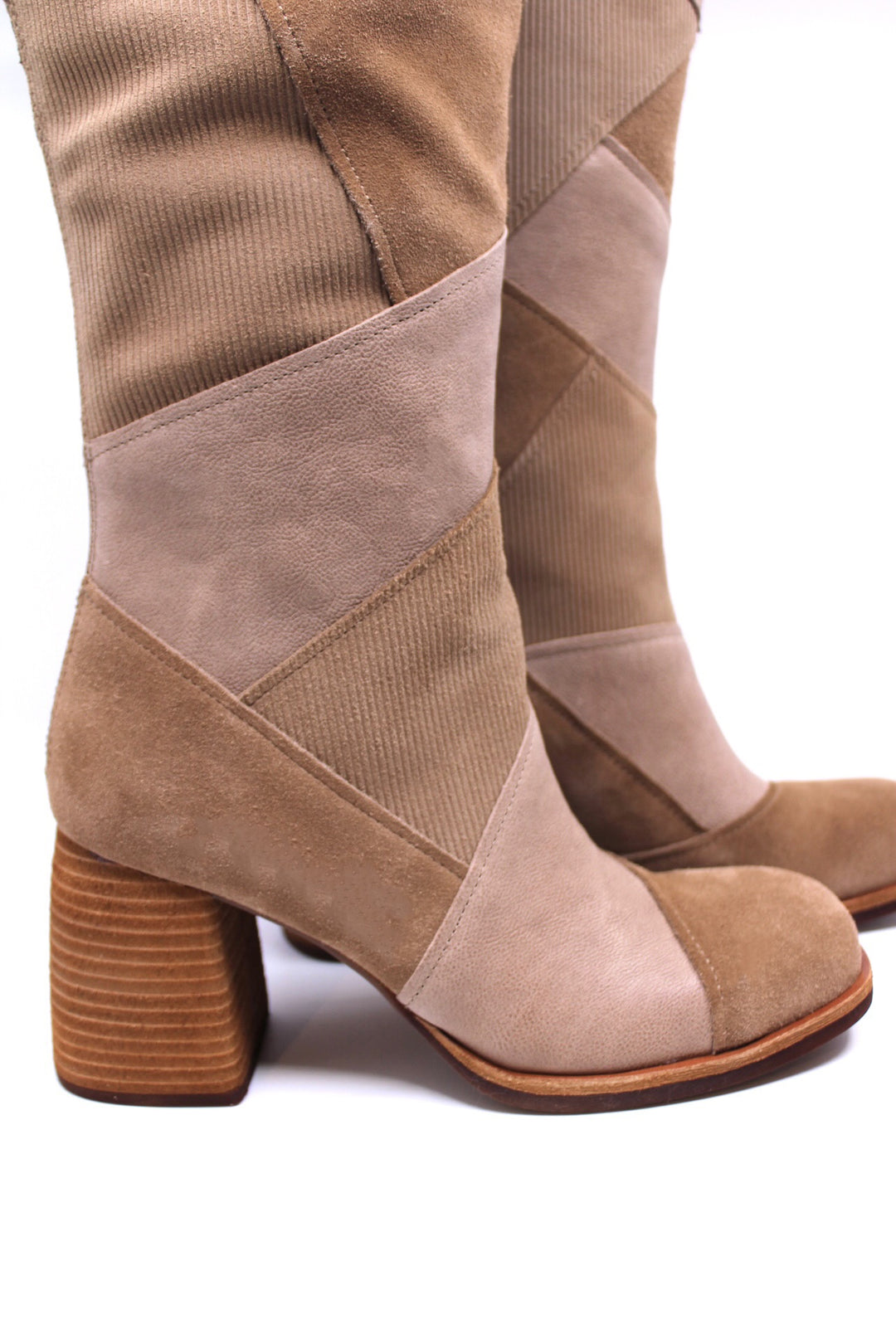Kork-ease Asbee tall patchwork suede heeled boot in Taupe/Tan