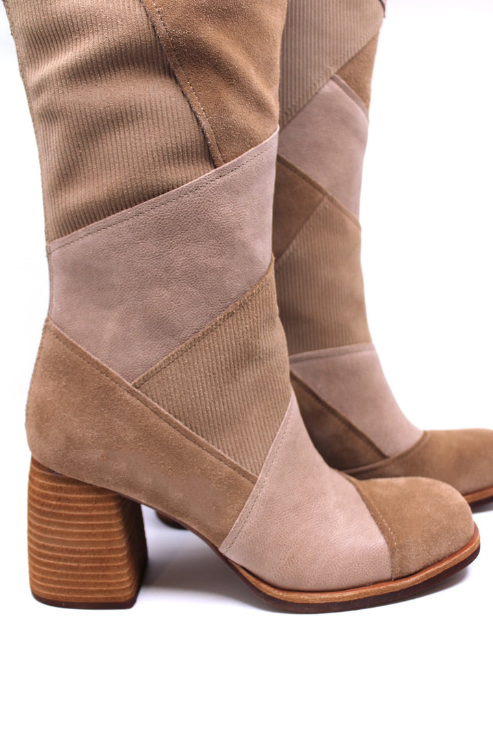 Kork-ease Asbee tall patchwork suede heeled boot in Taupe/Tan