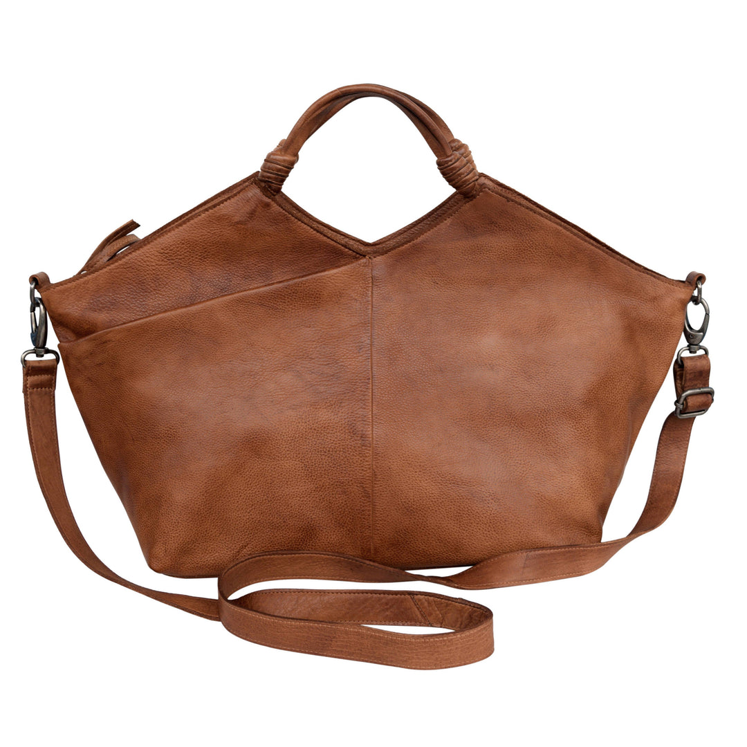 100% Leather 1" wide adjustable/detachable crossbody strap with 25" max and 12" min drop. Hand crafted knot detail handles with 5 1/2" drop Recessed top zip entry with leather pull and signature hidden cell phone pocket Exterior features convenient slant design with hidden magnetic snap closure. Back zip pocket Interior features 2 open pockets, zip pocket, and leather organizer with 3 pen holders, open slit pocket, and 4 cc slots. 12”H x 6”D x 19”L&nbsp;