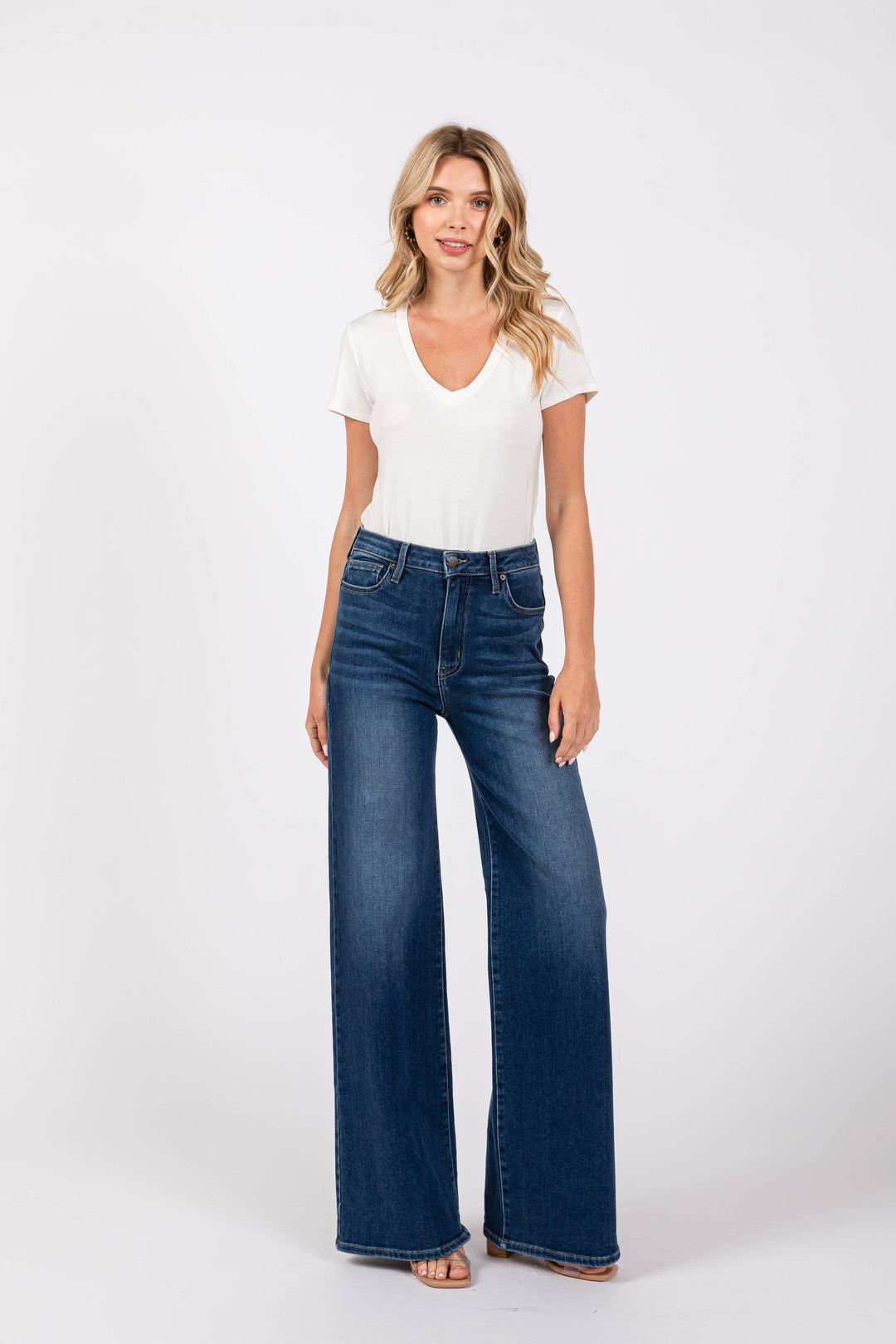  dark-wash denim, featuring a high-rise waist and an ultra-wide leg 
