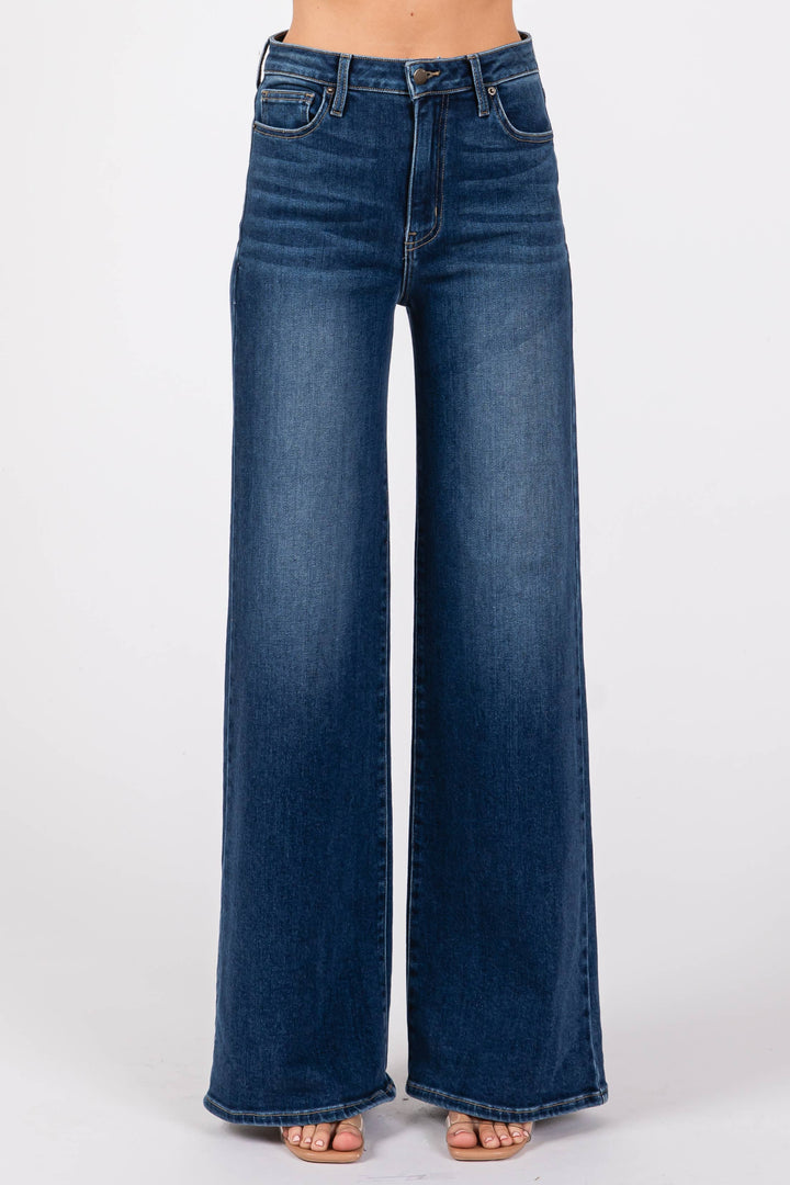  dark-wash denim, featuring a high-rise waist and an ultra-wide leg 