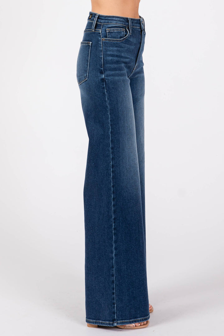  dark-wash denim, featuring a high-rise waist and an ultra-wide leg 
