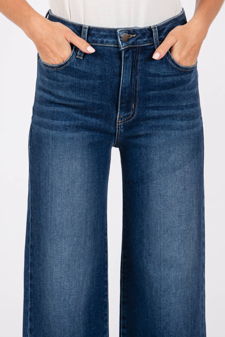  dark-wash denim, featuring a high-rise waist and an ultra-wide leg 