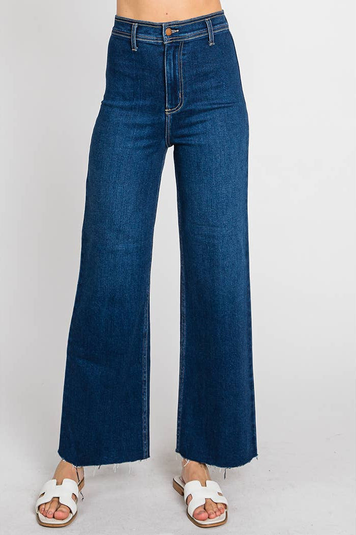 dark wash, high-rise and a wide A-line leg denim 