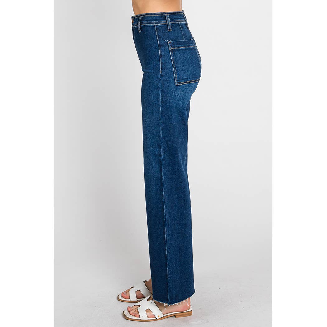 dark wash, high-rise and a wide A-line leg denim 