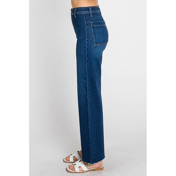 dark wash, high-rise and a wide A-line leg denim 