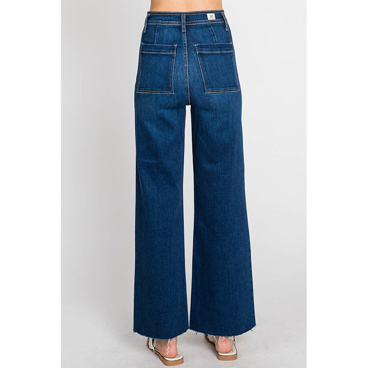 dark wash, high-rise and a wide A-line leg denim 