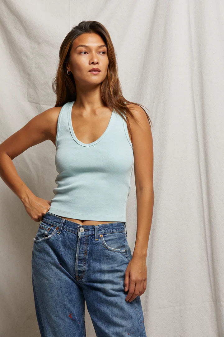 Perfectwhitetee Maria V-neck Tank in Iced Aqua - Dear Lucy