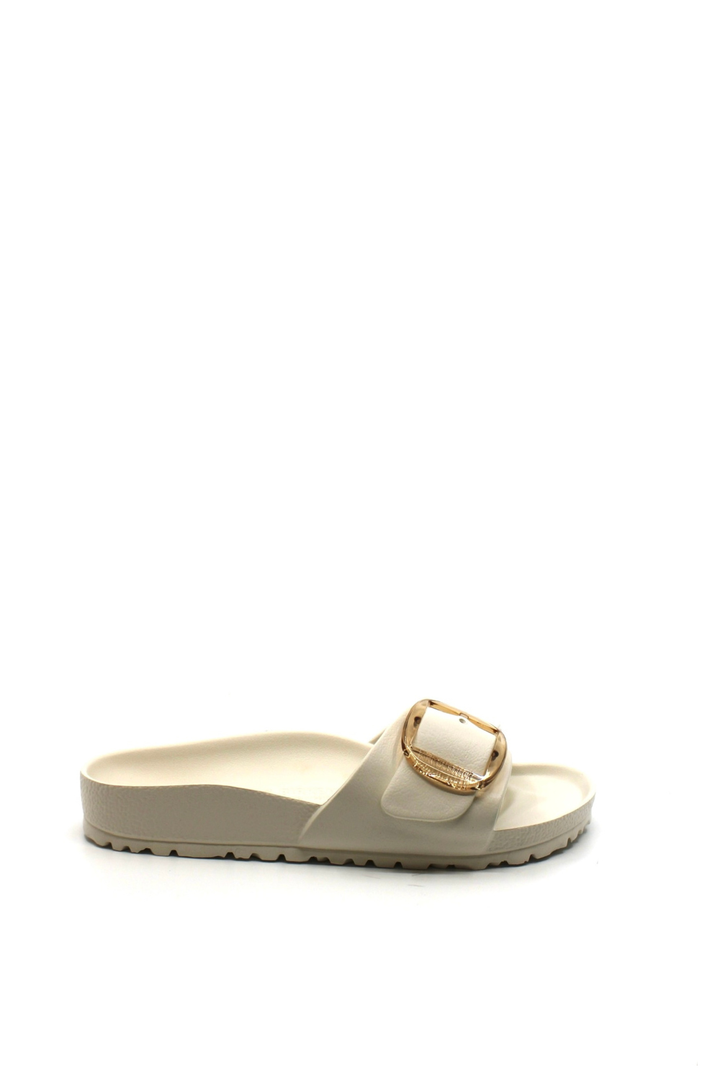 white singular strap Eva sandals with gold buckle 