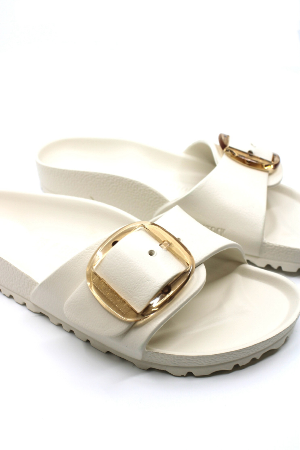White one strap sandals with gold buckles 