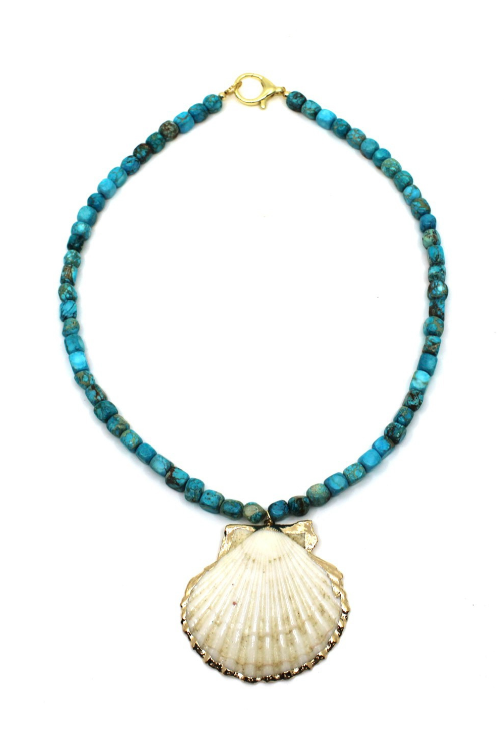 Necklace with blue beads and a shell pendant on a white background