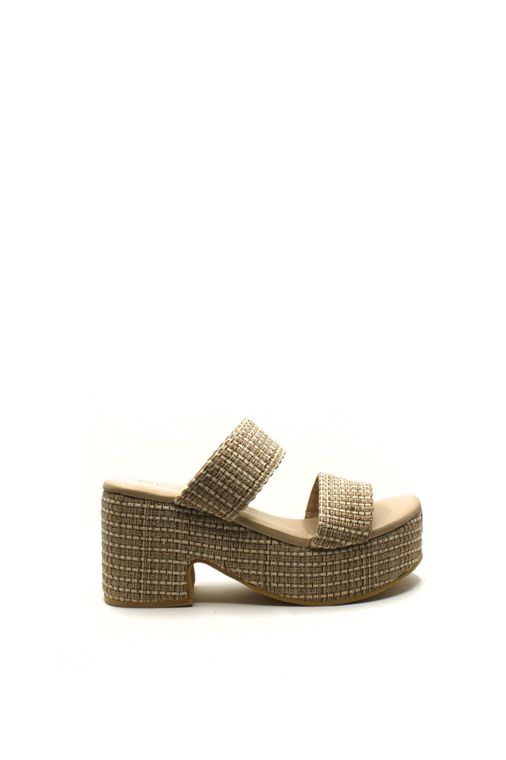 Beige platform sandal with rhinestone details on a white background