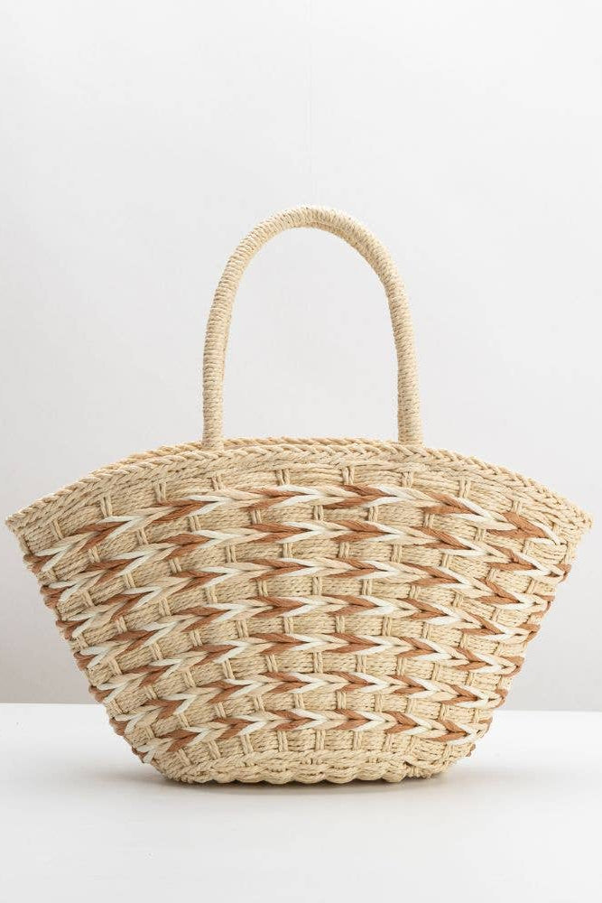 Woven straw bag on a white background