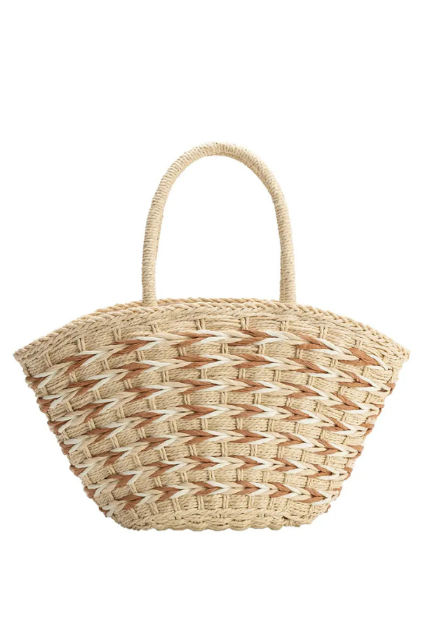 Woven straw bag with handle on a white background