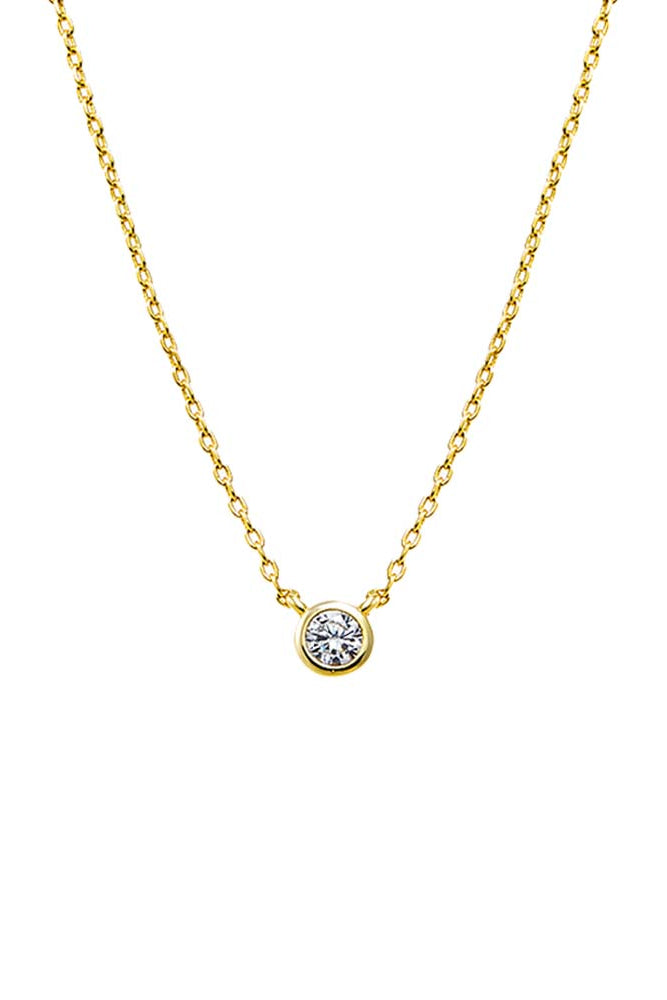 Gold necklace with a round diamond pendant on a white background