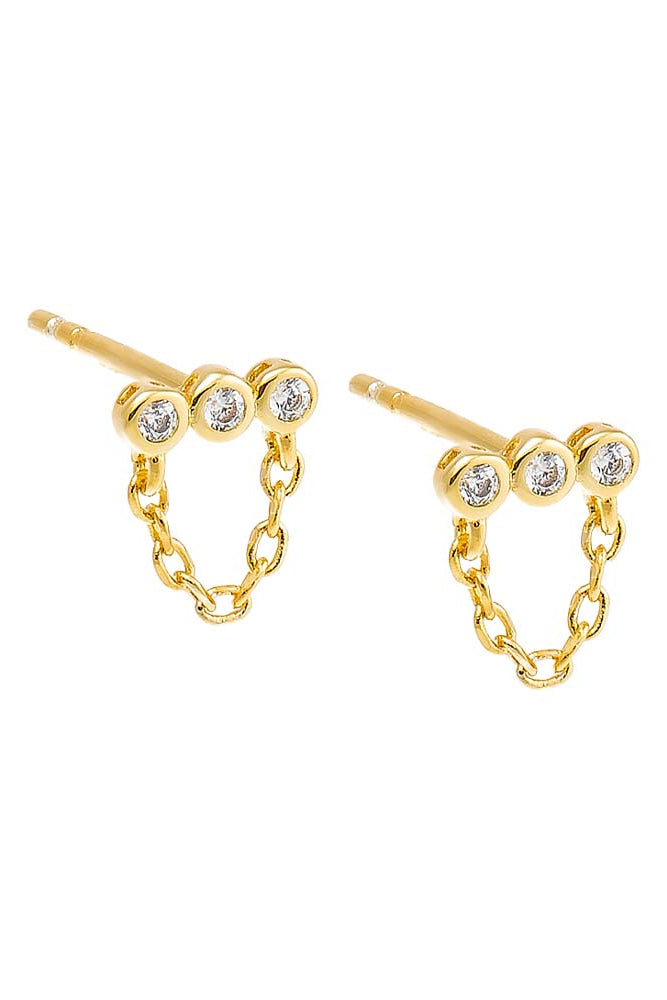 Adina Eden Mini Triple CZ Bezel Bar Drop Chain Stud Earring – Gold/Clear