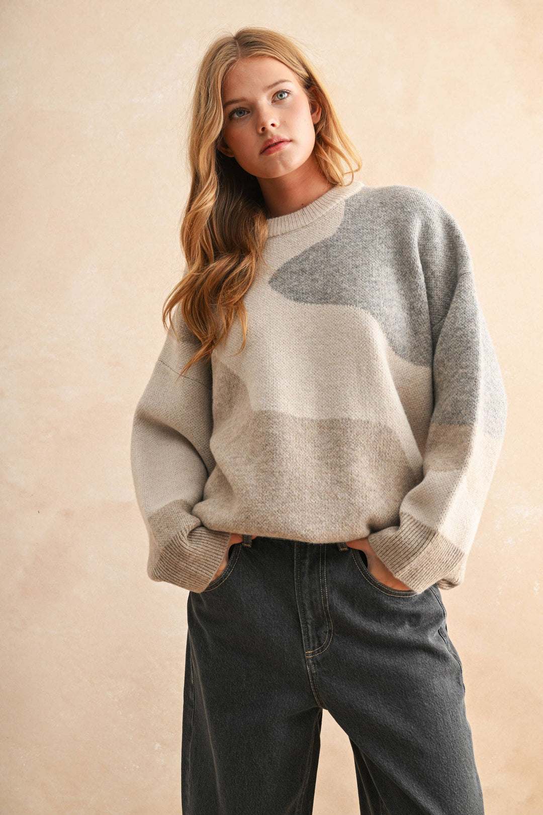 Crew neck sweater top with cream/grey detail