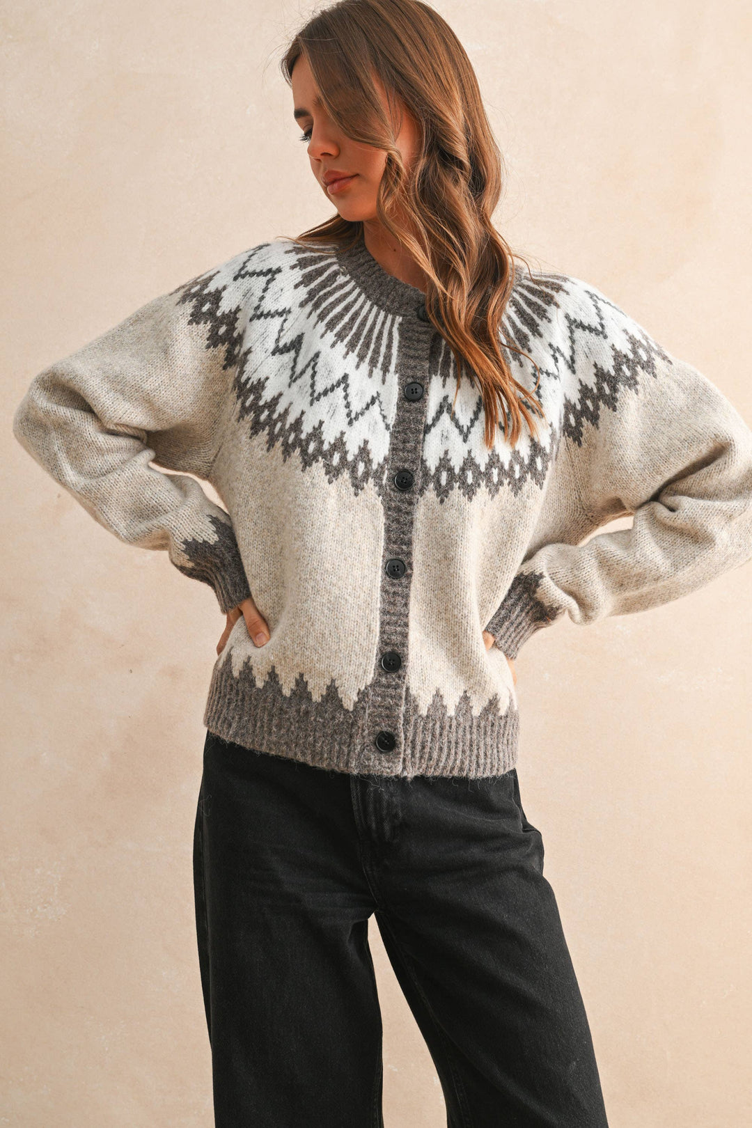 Button front pattern cardigan in cream/grey