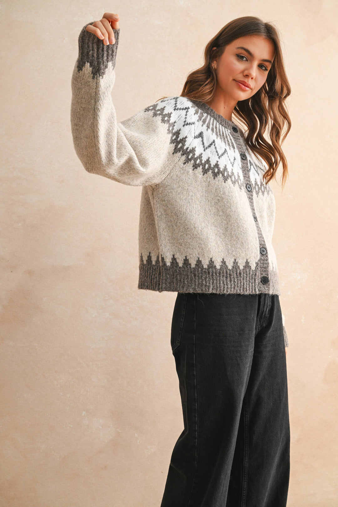 Button front pattern cardigan in cream/grey