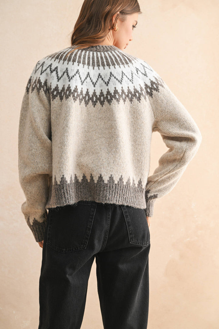 Button front pattern cardigan in cream/grey