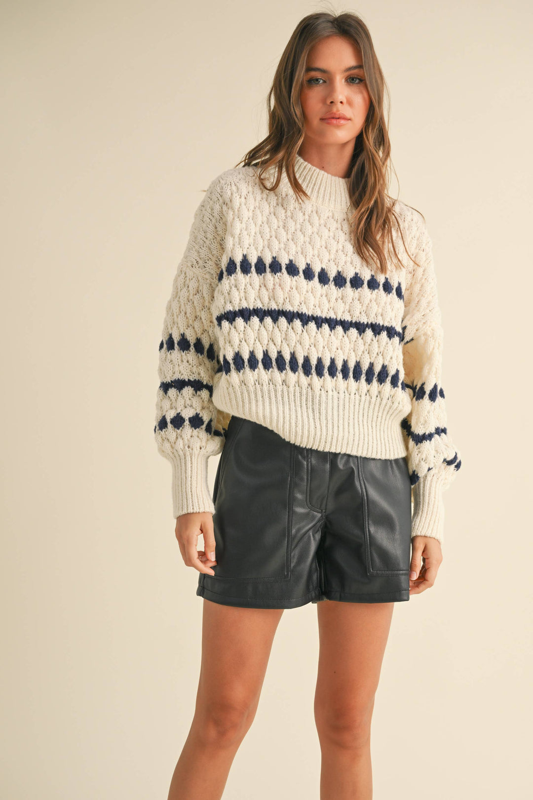 Mock neck long sleeve sweater in cream and navy